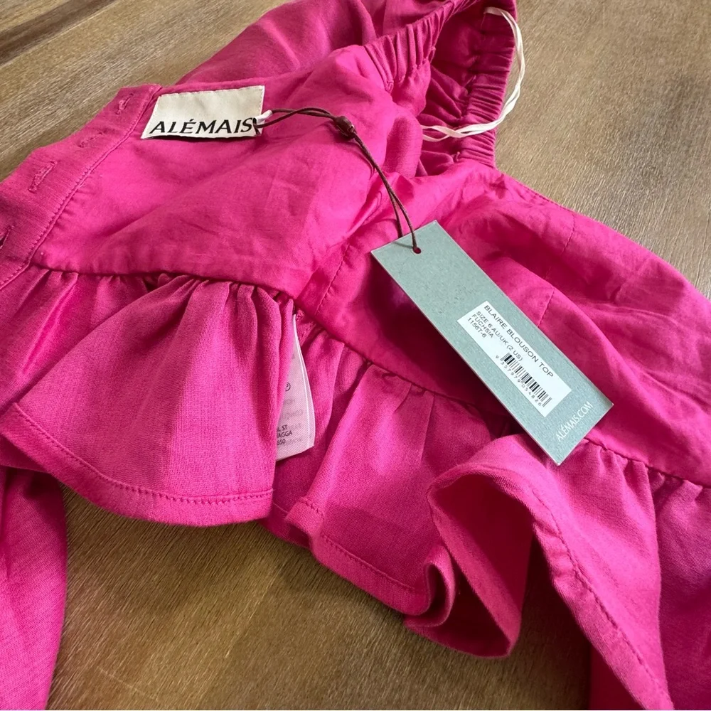 Alemais Pink Ruffle Blouse Cropped Half‎ Sleeve Size 2 Silk Cotton New Fuchsia